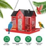 Metal Hanging Bird Feeder House Classic Barn Bird Feeder House Iron Hanging Outdoor Feeder With Visible Window And Lift Top Lid 15.75in Hanging Length Wild Birds Garden Yard Red&White - Image 7